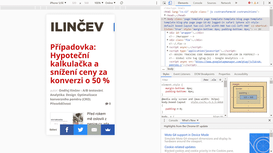 Simulace různých zařízení v prohlížeči chrome