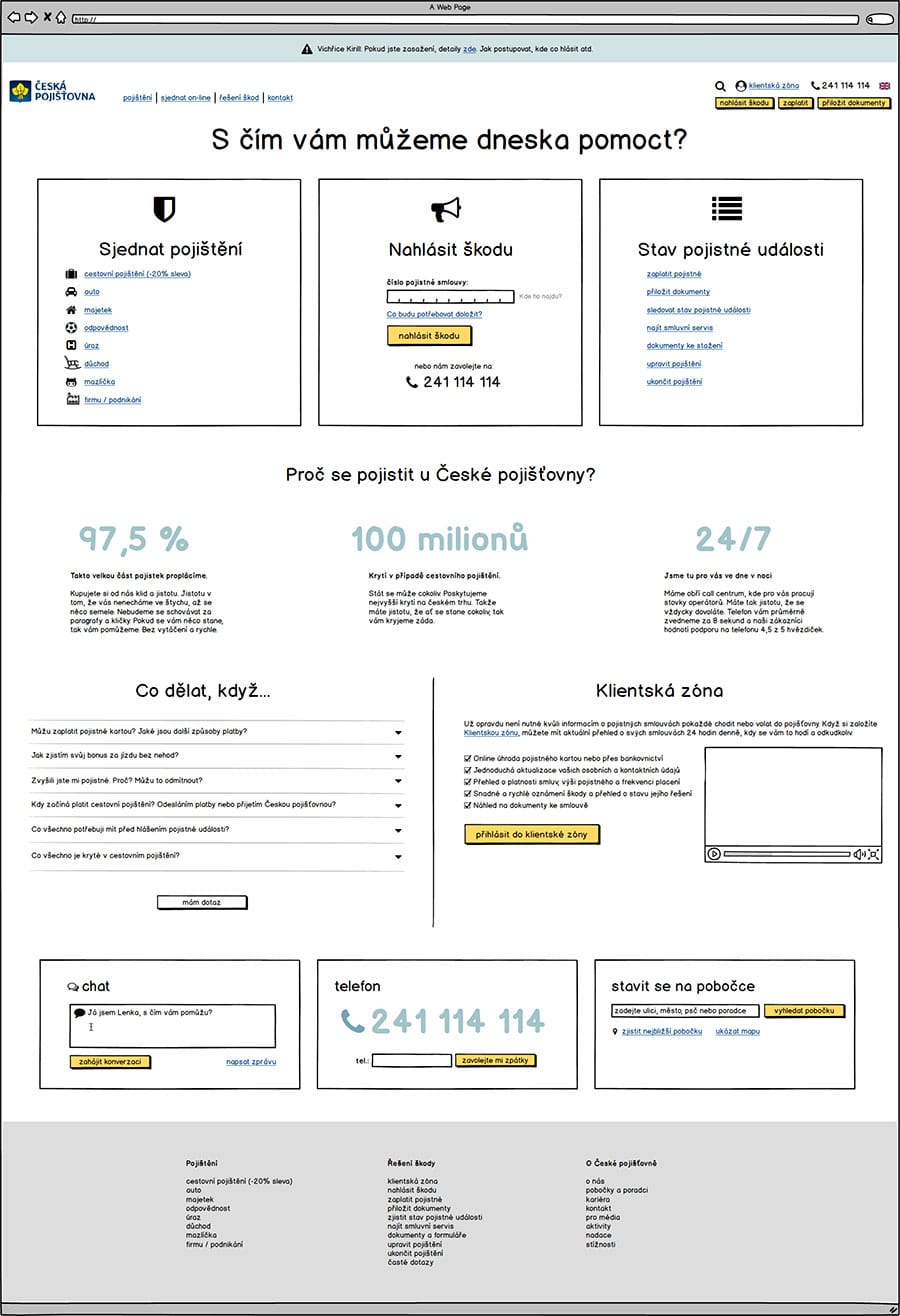 Wireframe homepage české pojišťovny