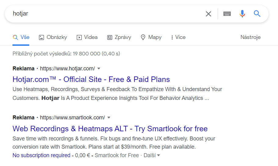 Konkurenční reklama při zadání slova hotjar