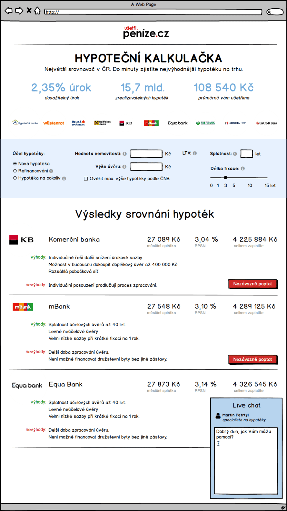 Wireframe s výsledky vyhledávání hypotéky