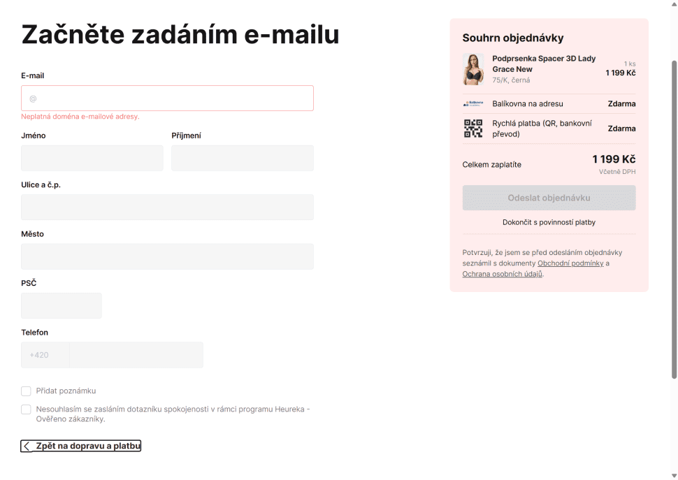 Astratex přístupnost zadání adresy v objednávce.