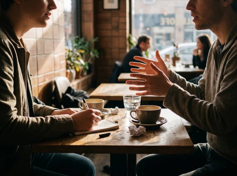 Rozhovor dvou lidí v kavárně, jeden si dělá poznámky