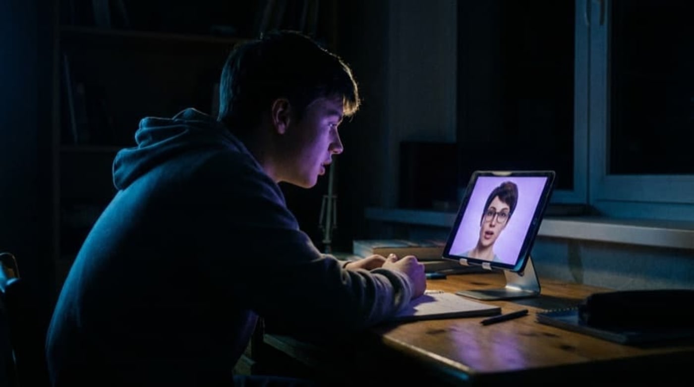 A student practicing a conversation with an AI tutor on a screen