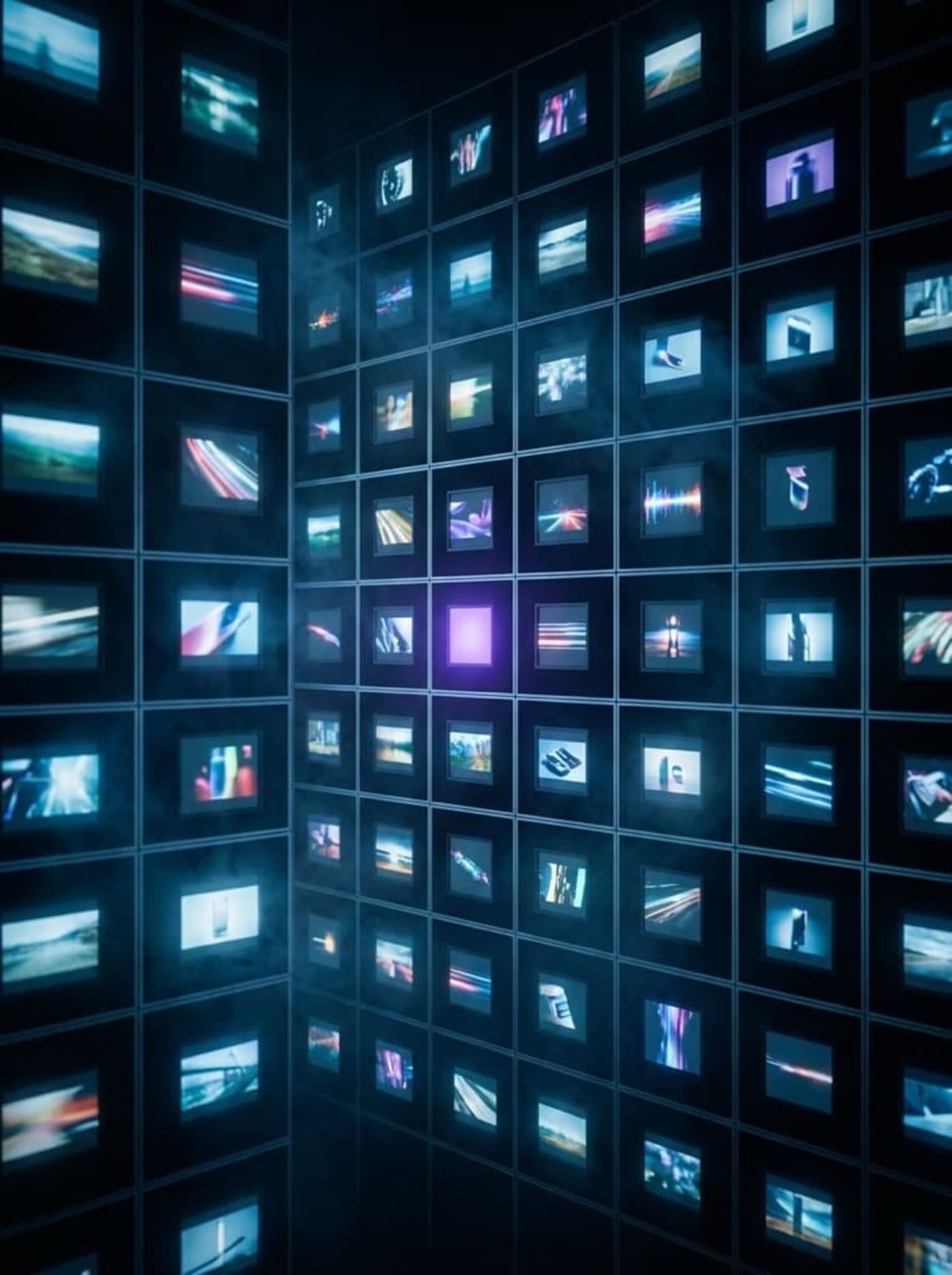 A grid of colorful visual frames on a dark wall