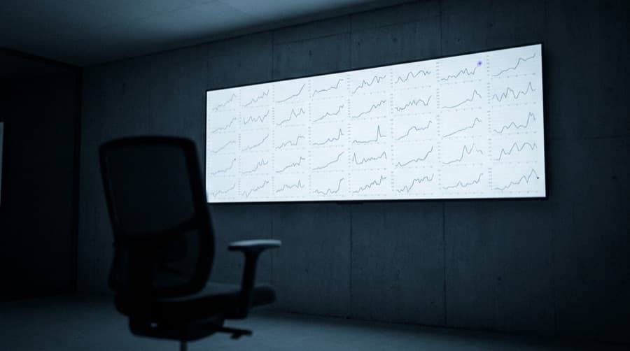 A wall dashboard of calm status graphs in a still, empty ops room