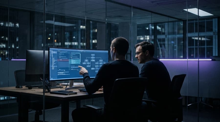 Two engineers at one desk, one pointing at a code diff and a pipeline graph