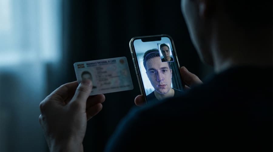 A hand holds a national ID card up to a phone whose screen shows a face with a liveness mesh