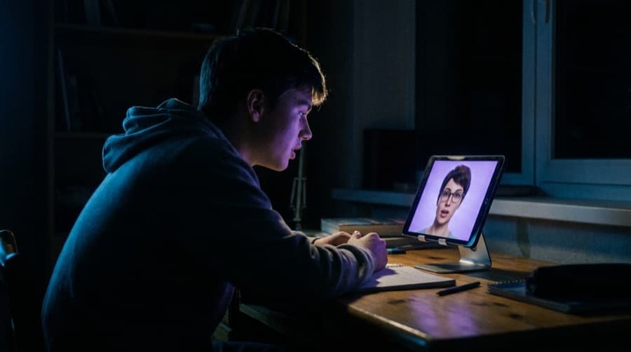 A student at a desk at night talking to a humanoid tutor on a tablet