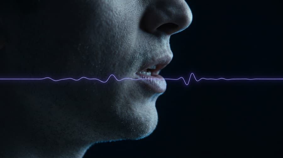 A close-up of a mouth mid-word with a violet waveform crossing at lip height