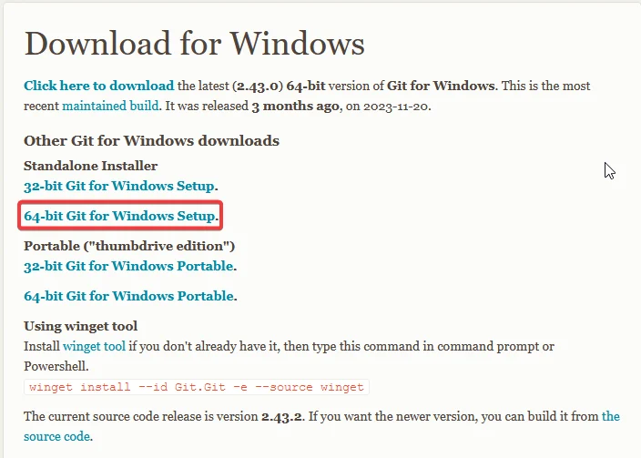 Seleccionando la opción de descarga de 64-bit para Windows en la web oficial