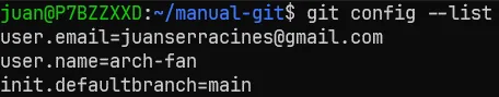 Comando que muestra la configuración de Git actual
