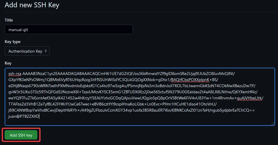 Añadiendo al menú de GitHub la clave pública