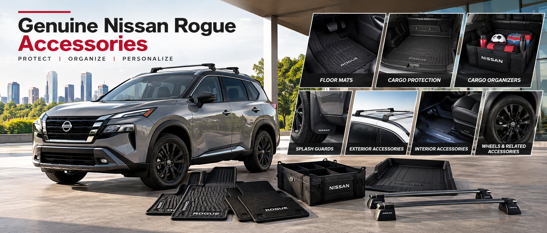 Genuine Nissan Rogue accessories including floor mats cargo protection cargo organizers splash guards roof accessories and wheels