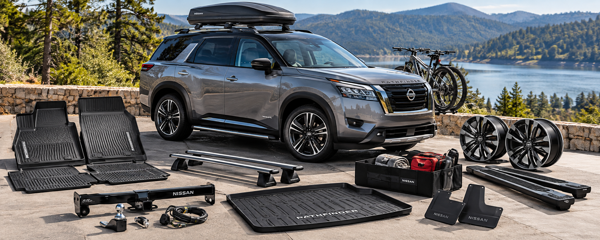 Nissan Pathfinder with accessories including floor liners cargo protection roof accessories towing equipment running boards wheels and cargo accessories