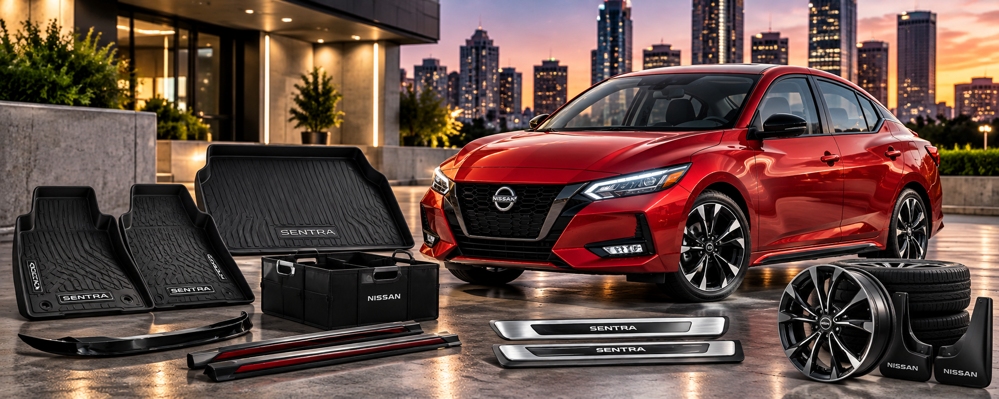 Nissan Sentra accessories including floor mats trunk protection splash guards door sill protection wheels and exterior accessories