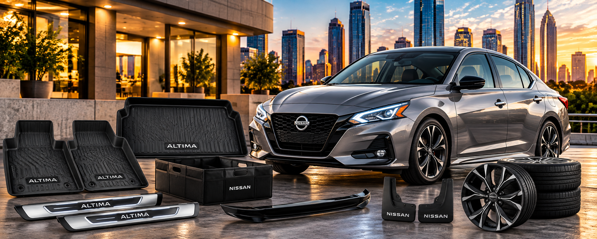 Nissan Altima accessories including floor liners trunk organizers splash guards kick plates wheels and exterior accessories