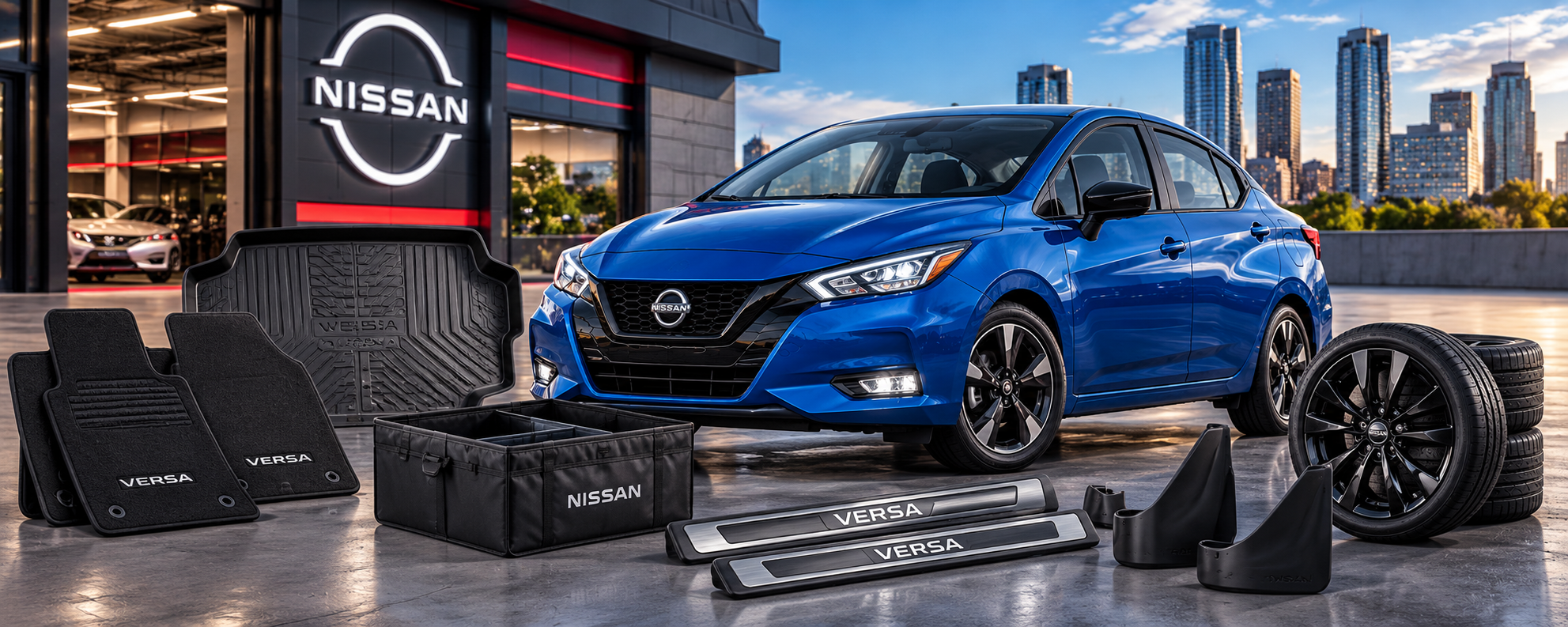 Nissan Versa accessories including floor mats trunk protection organizers splash guards door sill protection wheels and exterior accessories