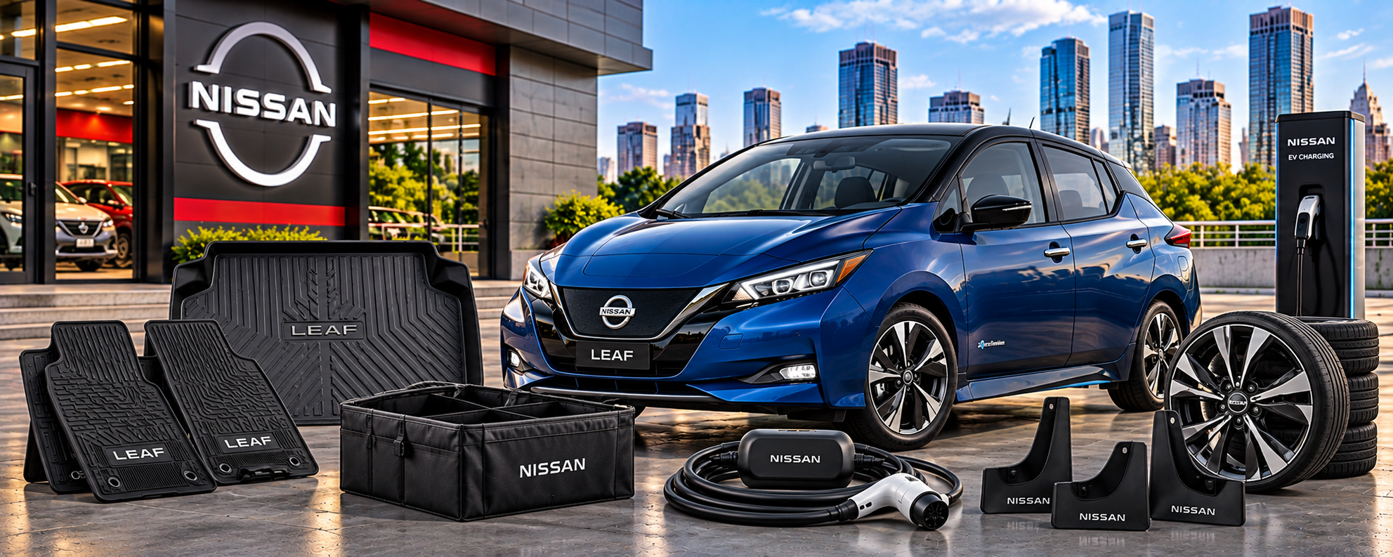 Nissan LEAF accessories including floor mats cargo protection organizers charging accessories wheels and exterior accessories