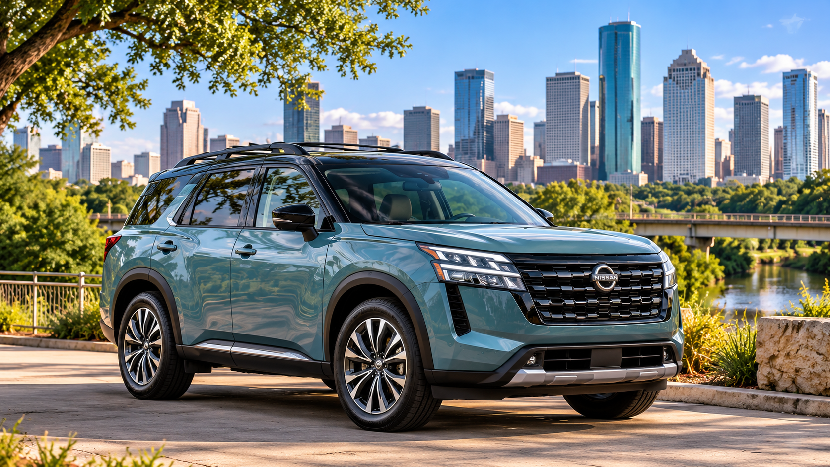 Teal Nissan Pathfinder with Houston skyline in the background