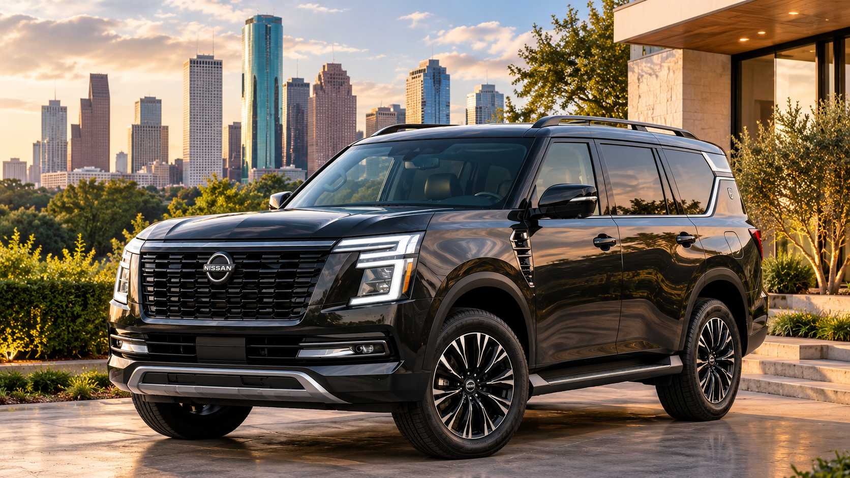 Dark Nissan Armada overlooking the Houston skyline