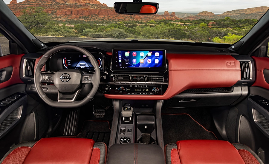 2027 Nissan Pathfinder Special Edition interior with black-and-burgundy styling