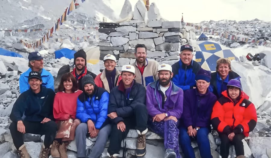 Members of the 1996 Mount Everest expedition team posing together at Base Camp before the disaster