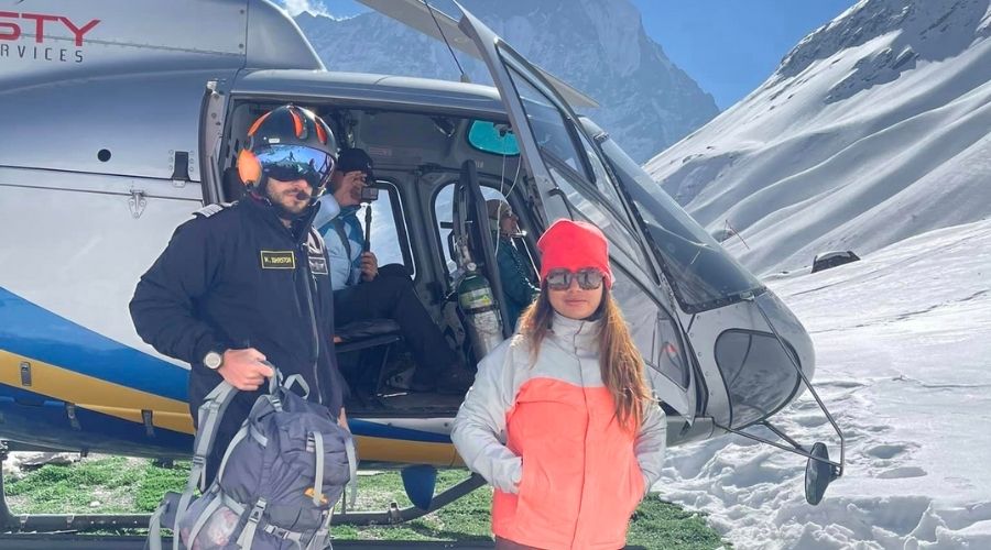couple enjoying heli tour in nepal