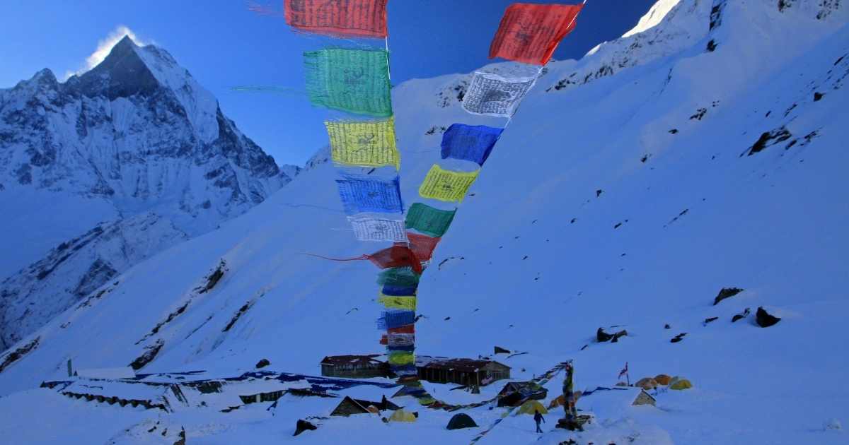 annapurna base camp view with prayers flag