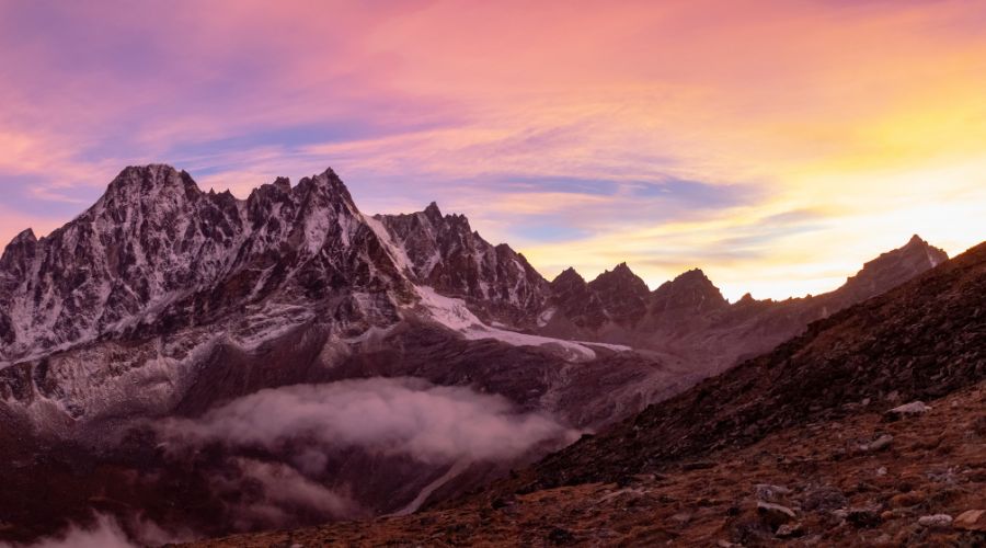Majestic view of the Himalayan sunrise from Gokyo Ri, a moment of serene beauty.