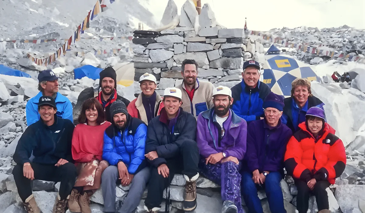 1996 Mount Everest expedition team Members of the 1996 Mount Everest expedition team posing together at Base Camp before the disaster