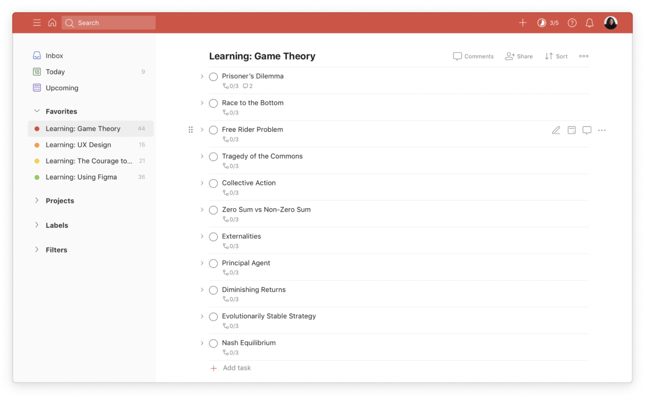 A screenshot of a Todoist project titled &quot;Learning: Game Theory&quot;