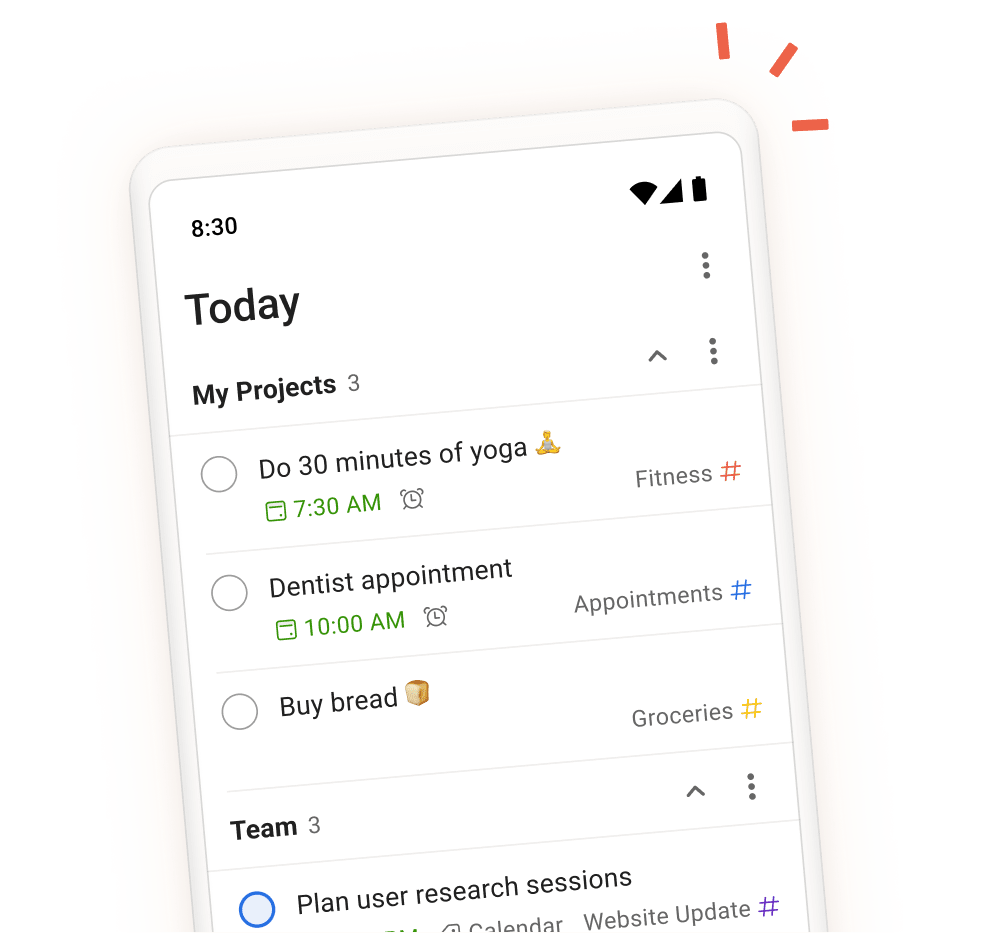 Todoist app interface showing daily tasks, projects, and team sections with a mobile view of task entry screen.