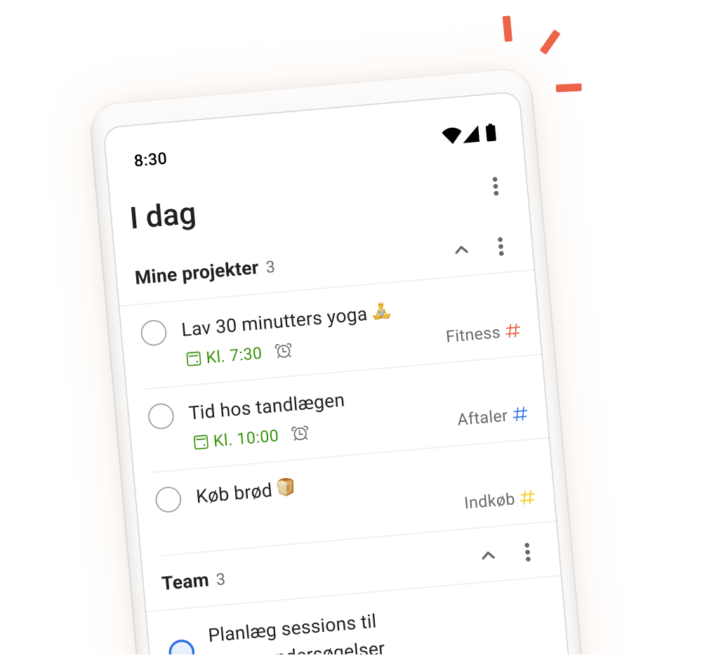 Todoists appbrugerflade, der viser daglige opgaver, projekter og teamsektioner med en mobilvisning af opgaveindtastningsskærmen.