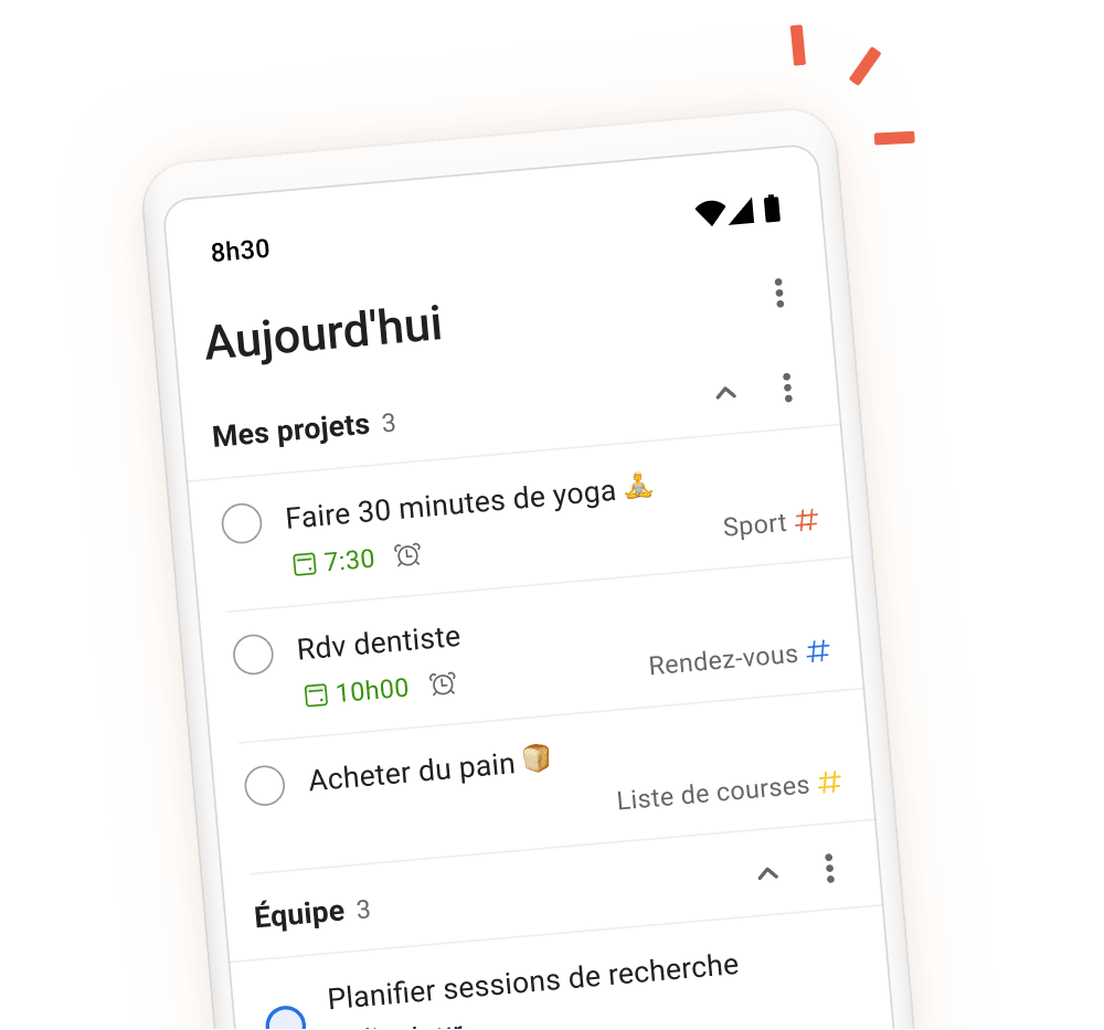 Interface de l'application Todoist montrant des tâches quotidiennes, des projets et des sections avec une vue mobile de l'écran de saisie des tâches.