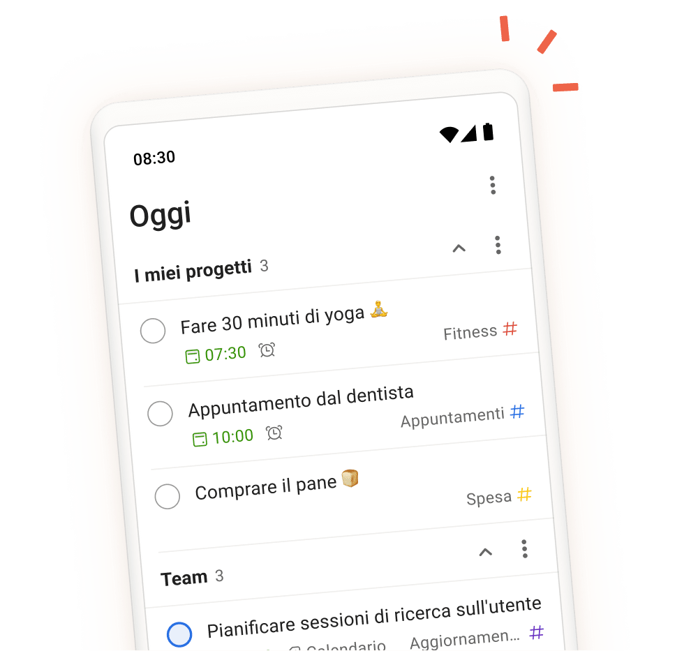 Interfaccia dell'app Todoist che mostra le attività giornaliere, i progetti e le sezioni del team con una vista mobile della schermata di aggiunta delle attività.