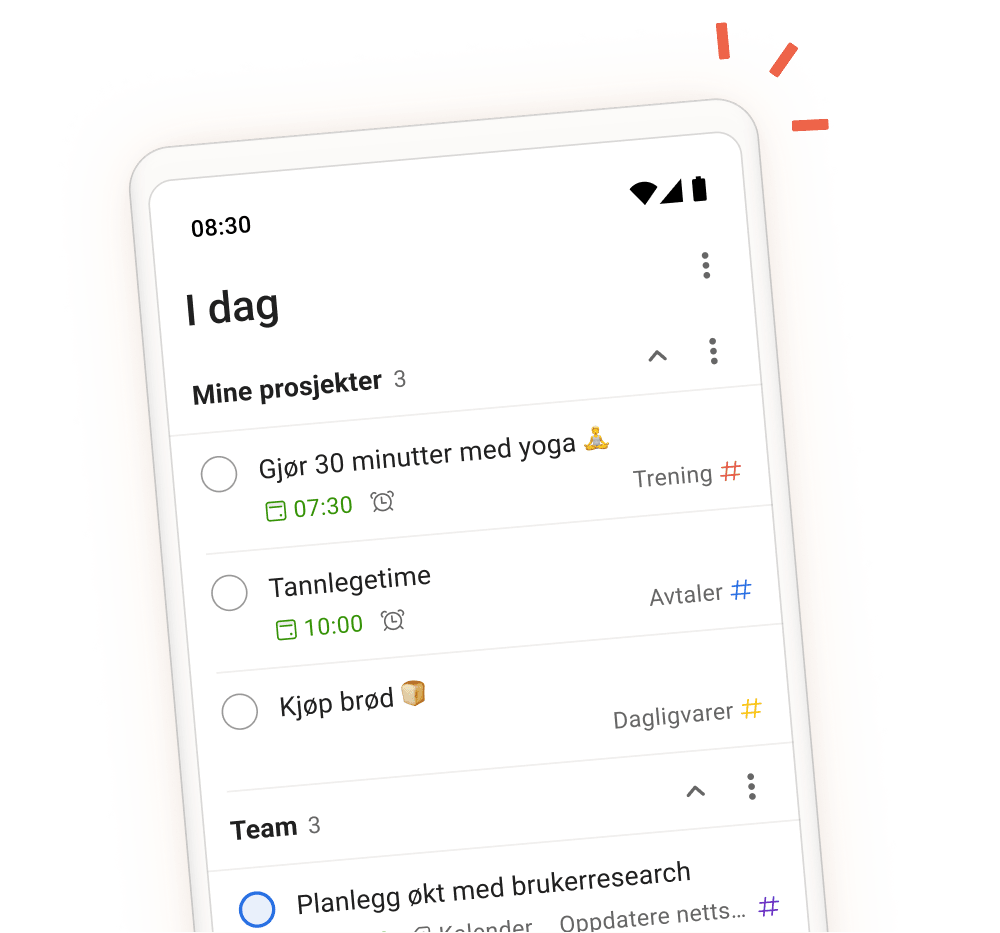 Todoists appgrensesnitt som viser daglige oppgaver, prosjekter og teamseksjoner, med en mobilvisning av skjermen der du skriver inn oppgave.