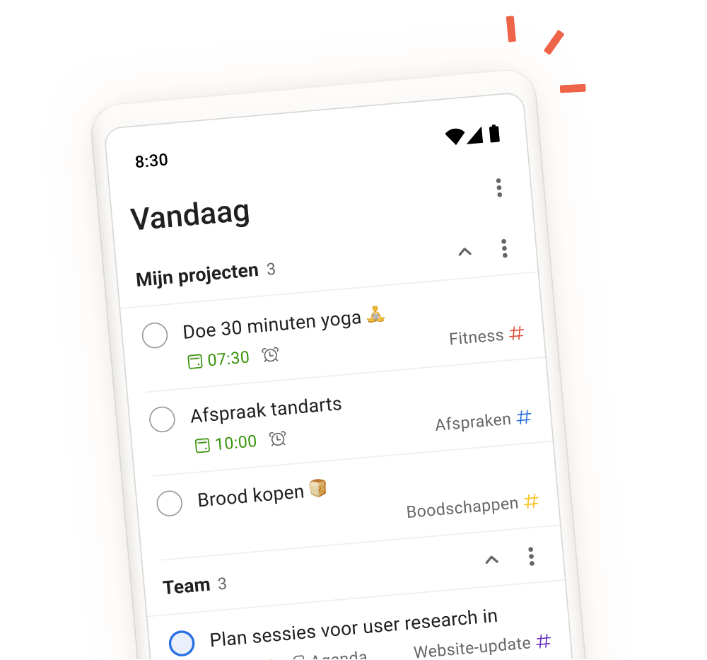 Interface Todoist-app met dagelijkse taken, projecten en teamsecties, met een mobiel overzicht van scherm voor taakinvoer.
