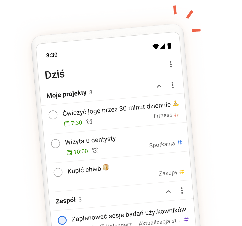 Interfejs aplikacji Todoist pokazujący codzienne zadania, projekty i sekcje zespołu z mobilnym widokiem ekranu wprowadzania zadań.
