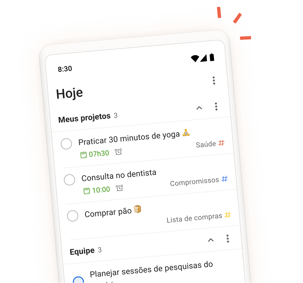 Interface do aplicativo do Todoist mostrando tarefas diárias, projetos e seções de equipe com uma visualização móvel de uma tarefa na tela.