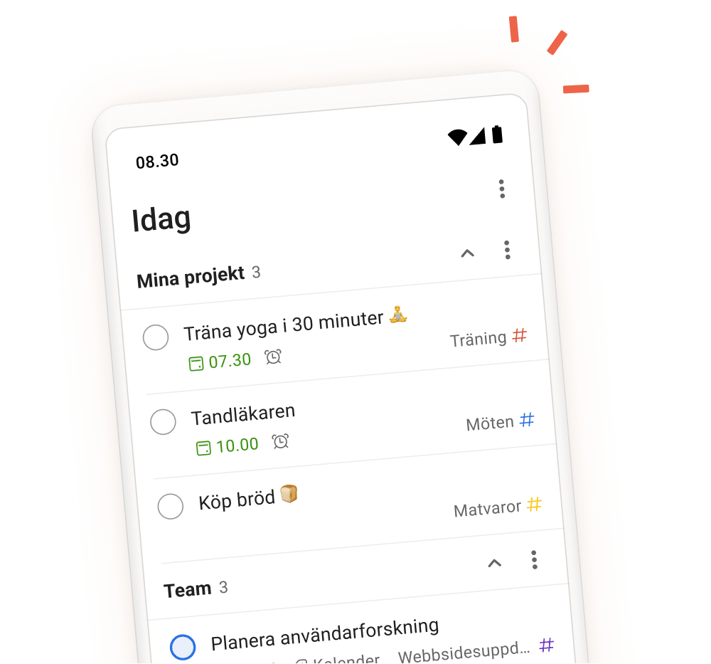 Användargränssnitt i Todoist-appen som visar dagliga uppgifter, projekt och teamavsnitt med en bild av hur en uppgift skapas i mobilappen.