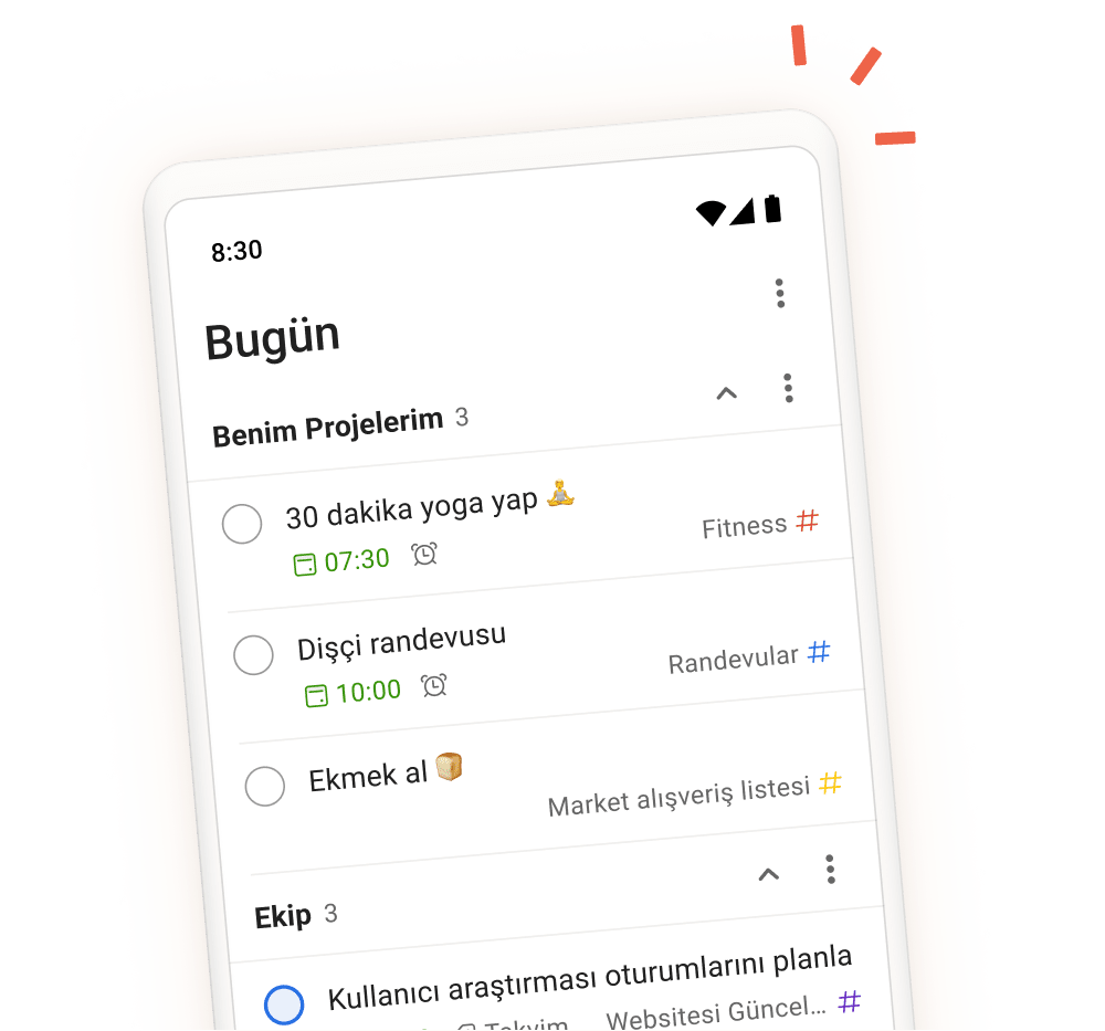 Görev giriş ekranının mobil görünümü ile günlük görevleri, projeleri ve ekip bölümlerini gösteren Todoist uygulama arayüzü.