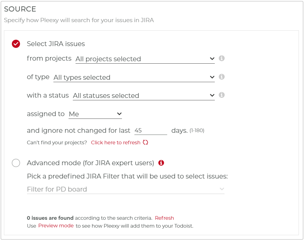 Specify which issues will be created as tasks in Todoist