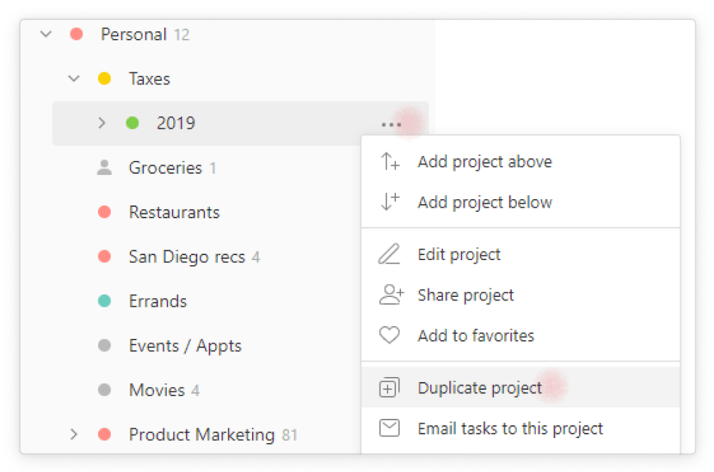 <a href="https://www.todoist.com/help/articles/duplicate-a-todoist-project-t8t21GfN">Duplicate</a> your tax project so you can use it in future tax years