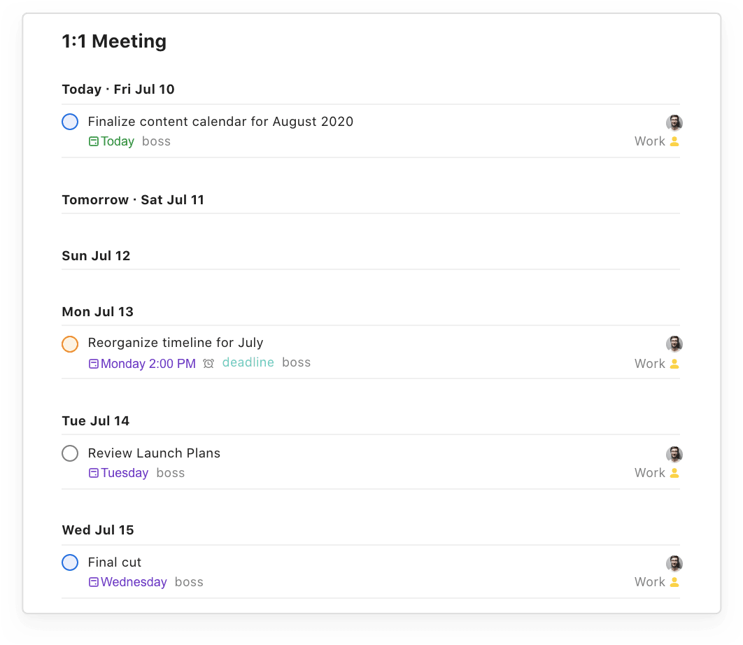 A view of tasks in the filter for 1:1 Meetings