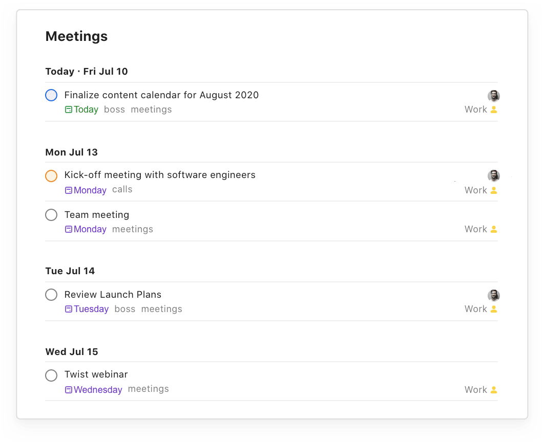 A view of tasks in the Meetings filter