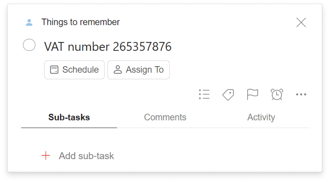 A <a href="https://www.todoist.com/help/articles/introduction-to-projects-TLTjNftLM">project</a> of “Things to Remember” gives Sian Zeng a shared space for documentation like their VAT.