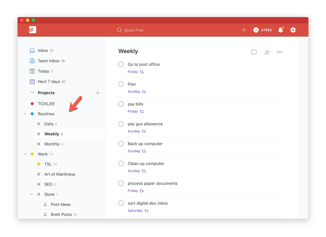 Brett’s weekly planning session in Todoist