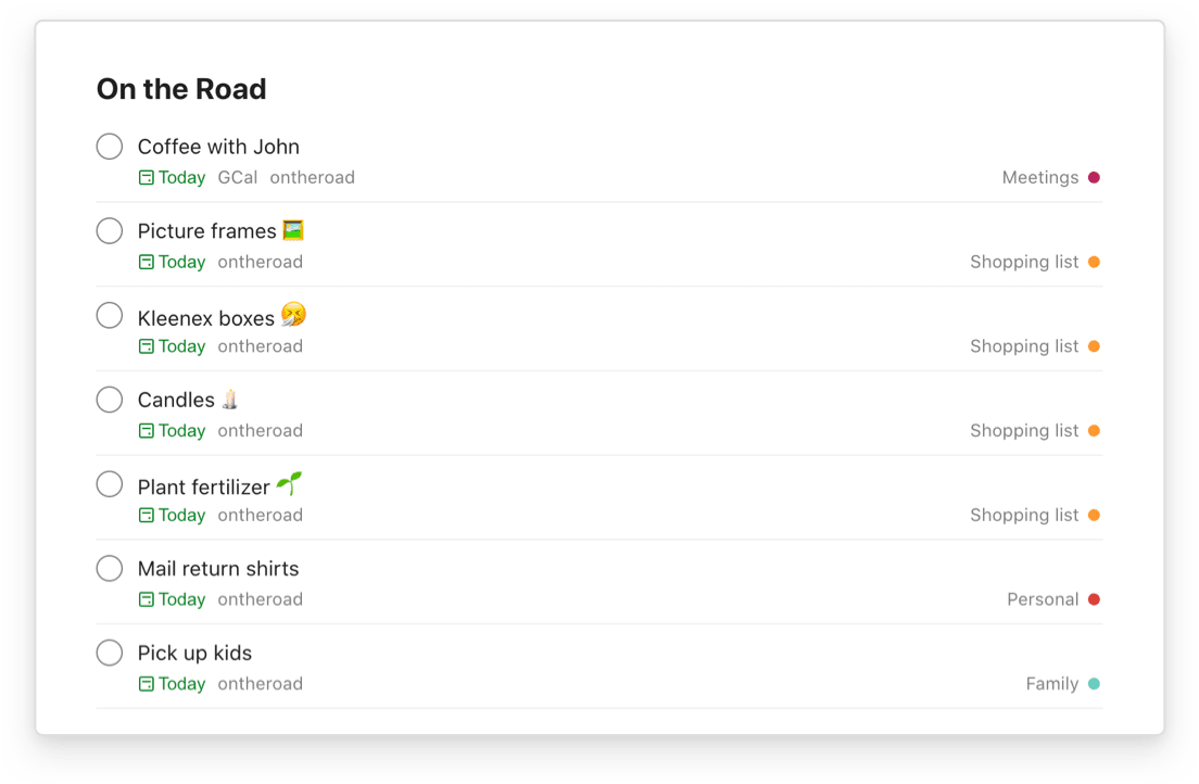A view of tasks in the On the Road filter