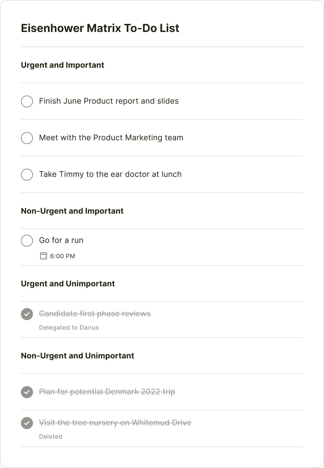 A to-do list organized around the Eisenhower Matrix productivity method.
