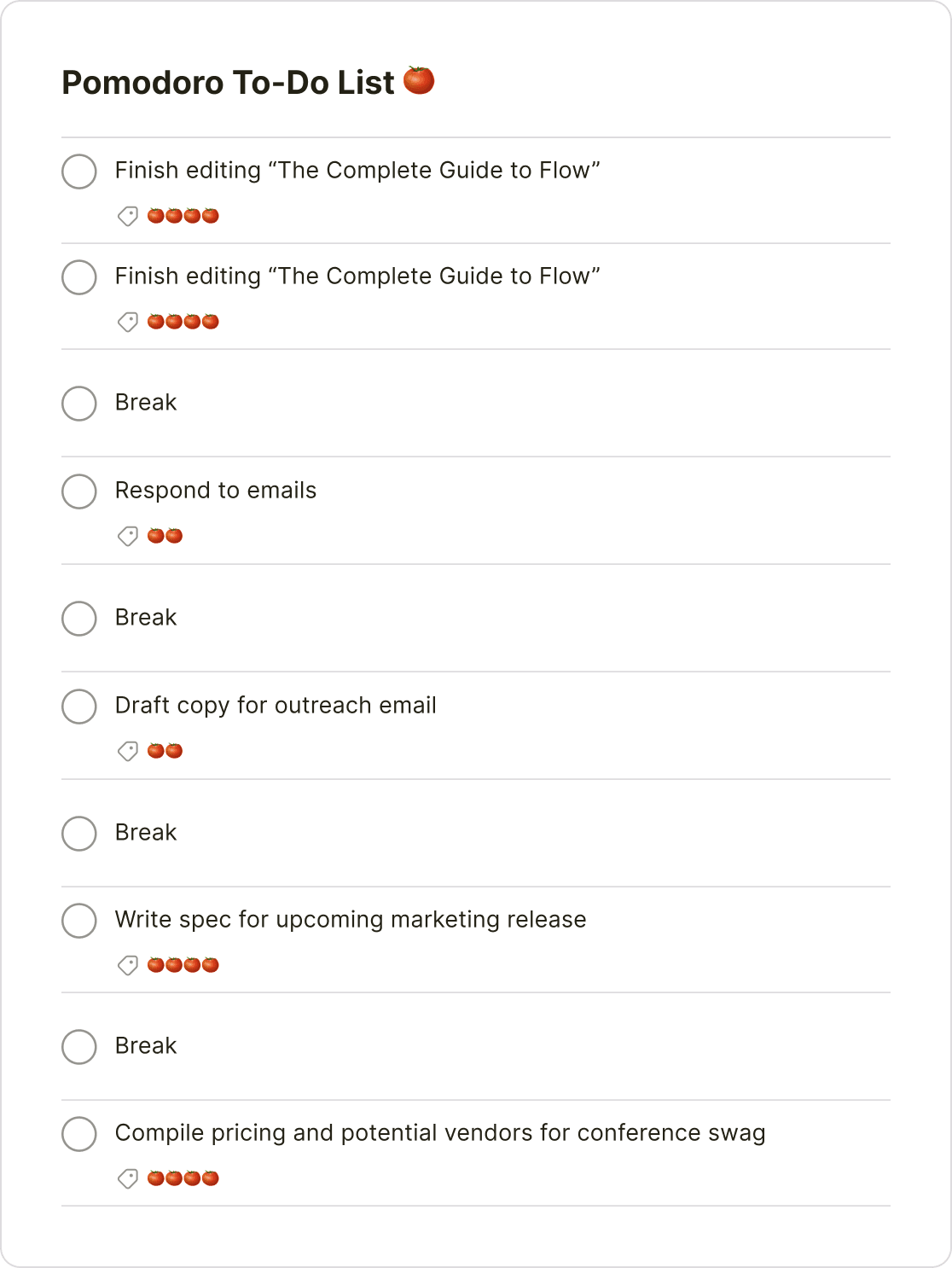 A to-do list organized around the Pomodoro productivity method